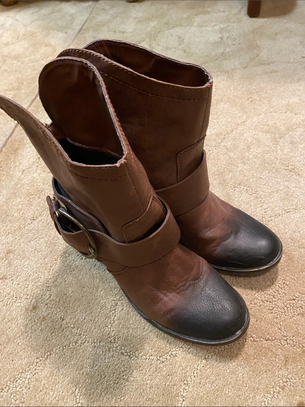 Women's Brown Two-Tone Ankle Boots with Buckle Accent 8-8.5
